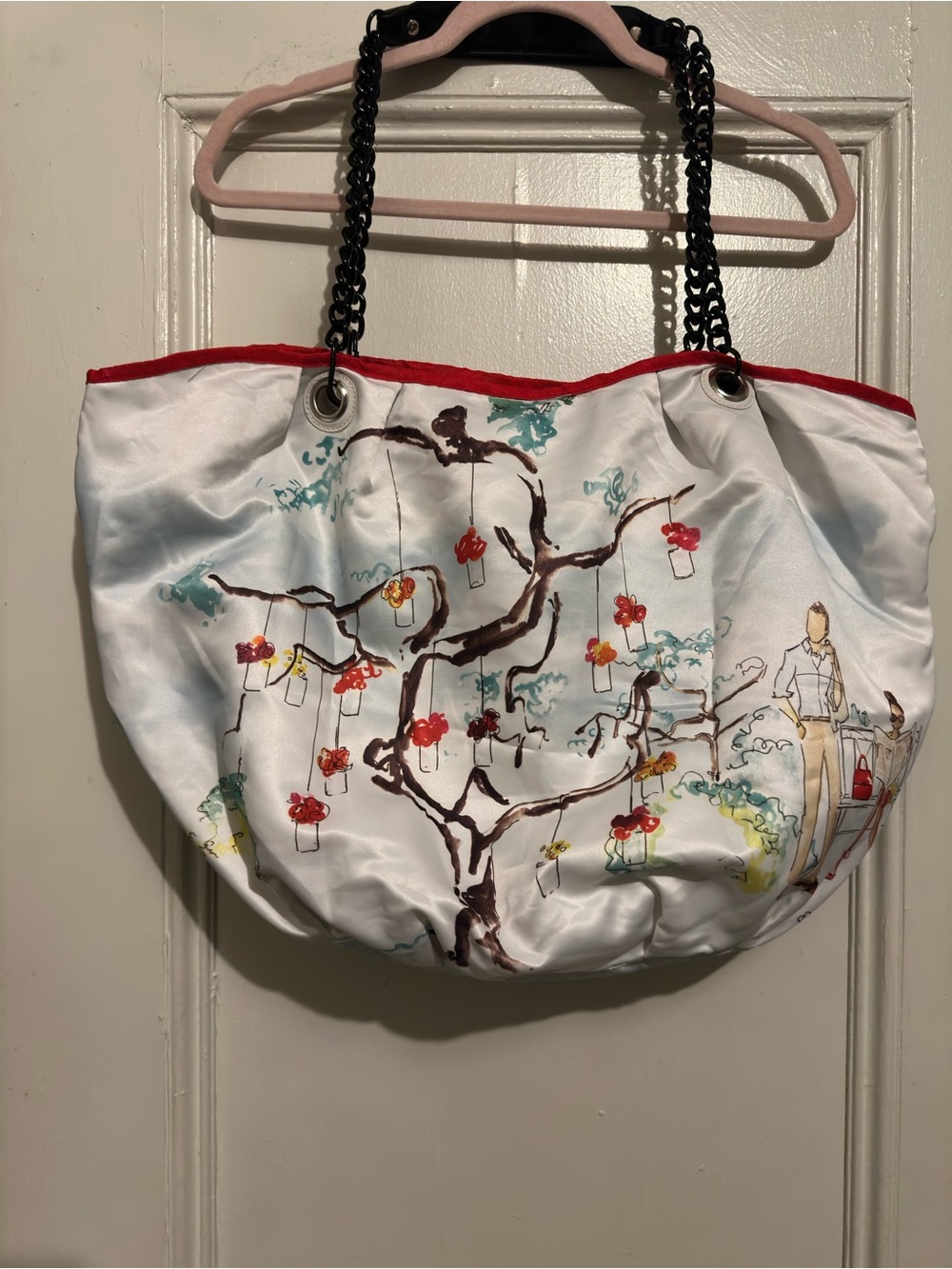 DSW White Floral Tree Print Tote Bag with Black Chain Handles. Good condition.